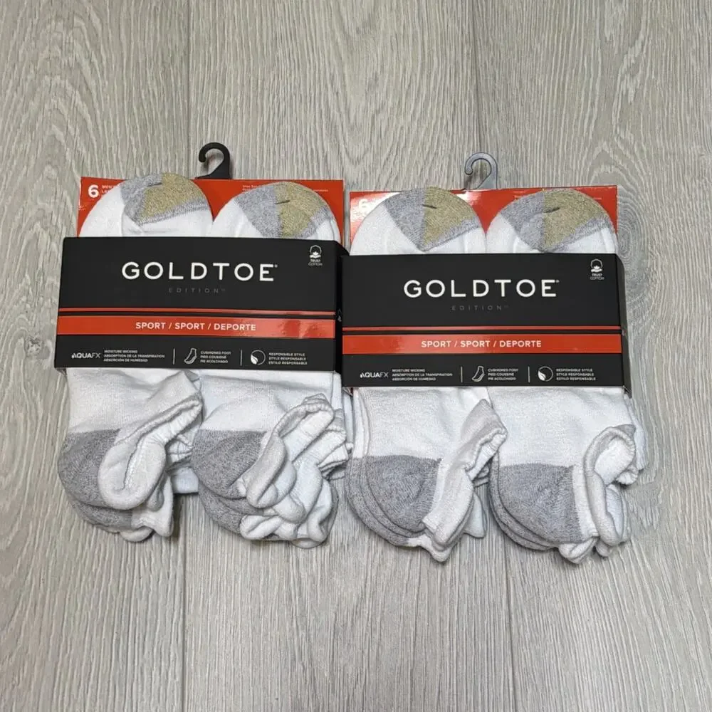 2 Gold Toe Sport Men's 6-Pair No Show Socks Shoe Size 6-12.5 White/Gray